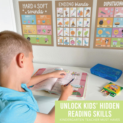 Hadley Designs Phonics Posters for Classroom Must Haves - 9 Sound Wall for Kindergarten & Elementary Teacher Supplies, Syllable, Vowels, Digraphs & Blends Bulletin Board Set, Kraft Classrom Decor