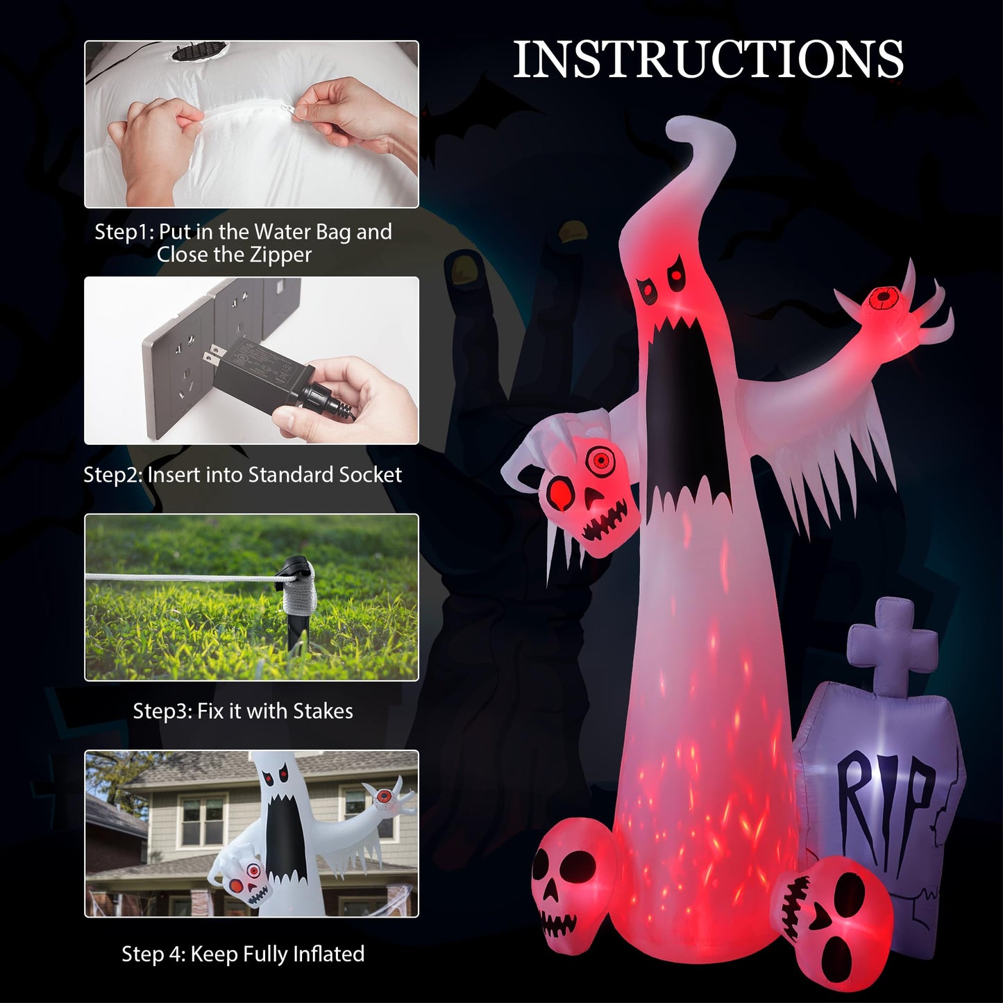 HOPOCO 12 FT Halloween Inflatables Outdoor Halloween Blow Up Yard Decorations Horror White Ghost with 3 Skull Heads Bleeding Eyeball Tombstone Halloween Decorations Clearance for Party Yard Garden