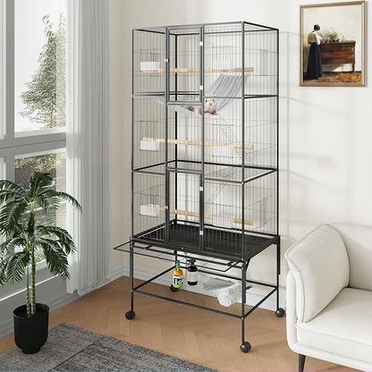 Extra Large Bird Cage, 69'' Metal Parrot Flight Cage with Storage Shelf & Pull-Out Tray for Mid-Sized Parrots Parakeets, Canaries, Finches, Cockatiels, Lovebirds