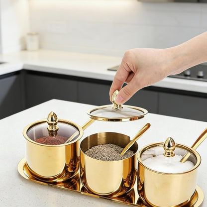 HMDIUM Sugar Bowl Set - 3 Grid Condiment Jars with Glass Lids & Spoon Stainless Steel Canisters with Tray for Sugar, Spice, Salt - Stylish Kitchen Storage Containers