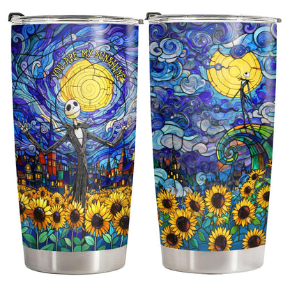 34HD Jack Skeleton Starry Nightmare Painting Tumbler 20oz Stainless Steel Insulated Travel Mug Sunflower Stained Glass Art Coffee Cup Movie Fan Gifts for Men Women Birthday