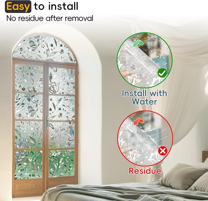 Rainbow Window Privacy Film Decorative, Stained Glass Tint for Home, 3D Decals Clings for Glass, Static Cling Sticker, Suncatcher Cover,45.2" by 157.4"