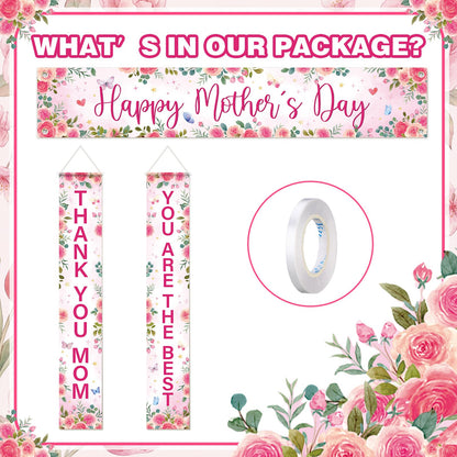 Fanfanwin 3 Pcs Pink Happy Mother's Day Banner Set Thank You Mom Front Door Banner Rose Floral Mother Decor You Are The Best Mama Party Supplies Decorations for Women Mama Wife Hanging Home Decor