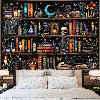 Motanber Witchy Bookshelf Tapestry Magic Gothic Witch Library Tapestries Wall Hanging Vintage Mushroom Skull Black Cat Dark Academia Book Large Tapestry for Bedroom Living Room Dorm 80 x 60 inch