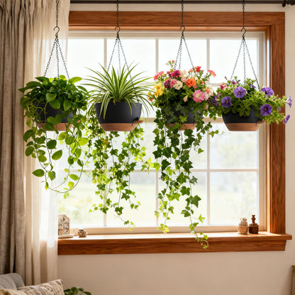 UOUZ 4 Pack 8 Inch Self Watering Hanging Planters for Indoor Outdoor Plants，Hanging Pots for Plants with Drainage Removable Tray, Hanging Baskets Flower Pots for Pothos Spider Garden Black with Brown