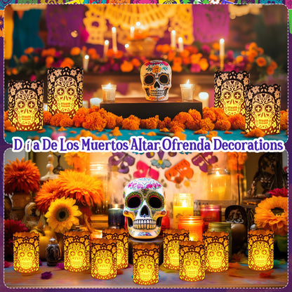 Tuanse 24 Pcs Dia De Los Muertos Decorations Luminary Paper Day of The Dead Votive Candles Holders Altar Paper Lampshade for Halloween Dia De Los Muertos Party Decor Supplies(Black)