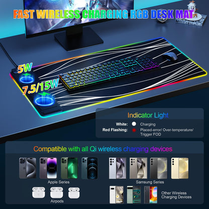 Mouse Pad with Wireless Charging, Large Desk Mat RGB Gaming Mousepad, 10 Light Colors LED Gaming Pad Keyboard Pad with Ultra-Smooth Surface & Non-Slip Rubber Base, Waterproof Full Desk Mouse Pad