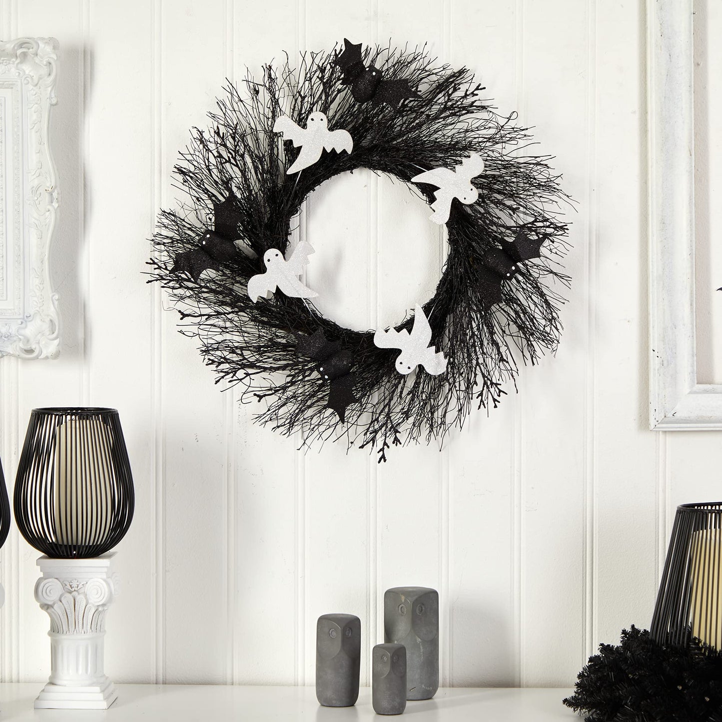Nearly Natural 22in. Halloween Ghost and Bats Twig Wreath