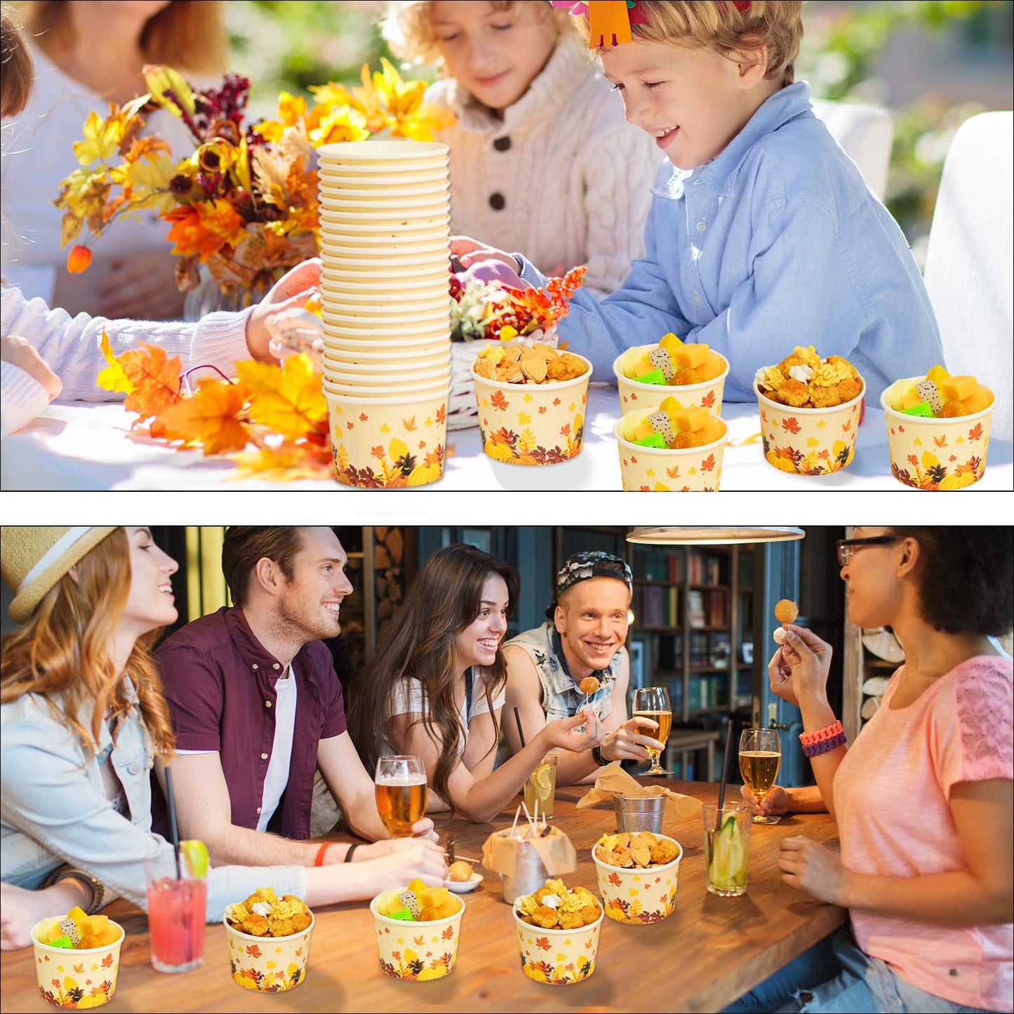 gisgfim 50Pcs Thanksgiving Snack Bowls, Fall Disposable 9 oz Paper Treat Cups Autumn Themed Dessert Bowls Soup Cups for Hot or Cold Food Party Supplies