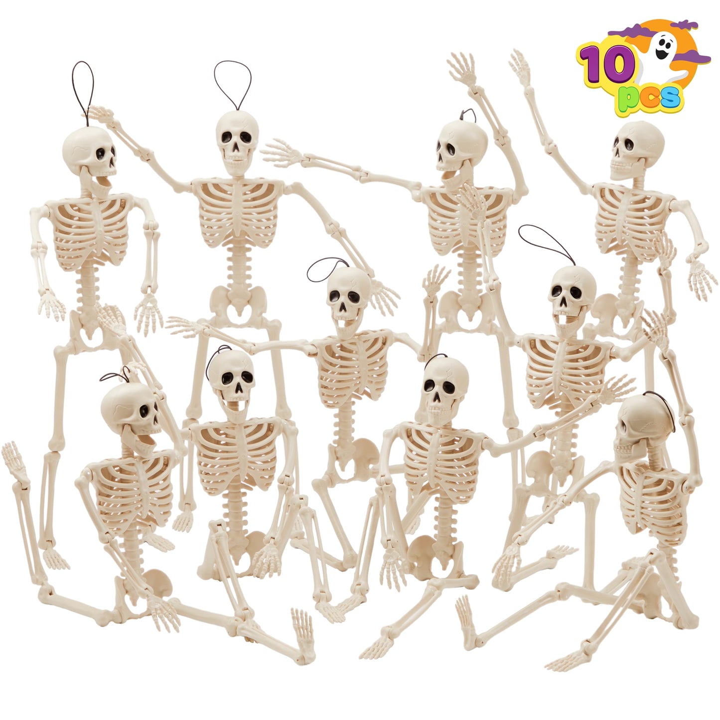 JOYIN 10 PCS 16" Halloween Skeleton Decor, Full Body Stayable Movable Joints, Posable Hanging Skeletons for Halloween Decoration, Yard, Graveyard, Haunted House Props, Spooky Scene Party Favor