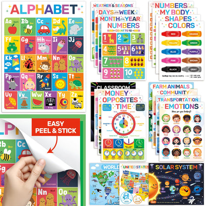 DECOWALL 20 Peel & Stick Educational Posters for Toddlers, Alphabet Learning Charts for Kids Ages 2–6, Preschool, Kindergarten, Homeschool Decor, Daycare&Classroom Must Haves Removable stickers(PS-01)