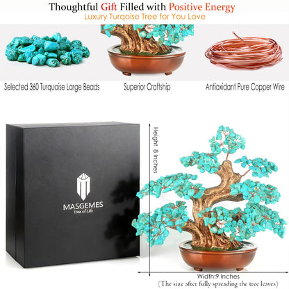 MASGEMES Howlite Turquoise (360 Large Beads) Crystal Tree Bonsai – Throat Chakra Healing Tree of Life, Feng Shui Positive Energy Decor for Home Office & Meditation Spaces 8''