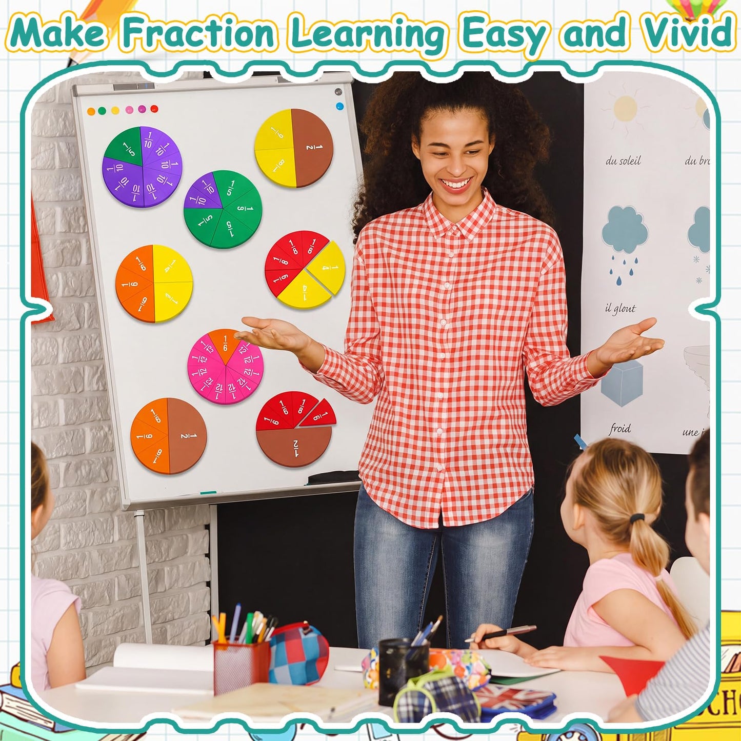 Sayglossy Jumbo Magnetic Fraction Circles Set for Rainbow Teacher Math Manipulatives for Learning Large Education Visuals Fraction Games Supplies 8 Inches Diameter