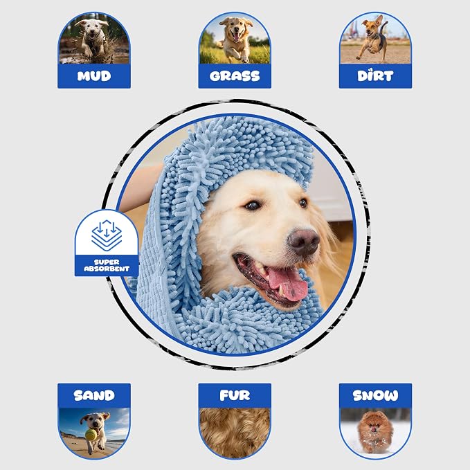 Microfiber Dog Towel, Blue | Fast Drying, Super Absorbent, Hand Pockets, For Large & Small Dogs, Soft Durable
