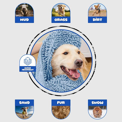 Microfiber Dog Towel, Blue | Fast Drying, Super Absorbent, Hand Pockets, For Large & Small Dogs, Soft Durable