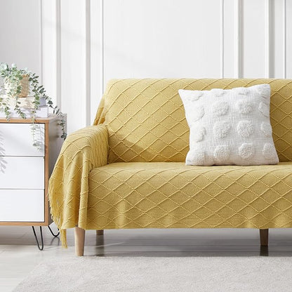 BOURINA Mustard Throw Blanket 50 x90 Inches Throw Textured Solid Soft Sofa Throw Bed Runner Couch Cover Knitted Decorative Blanket Bed Runner