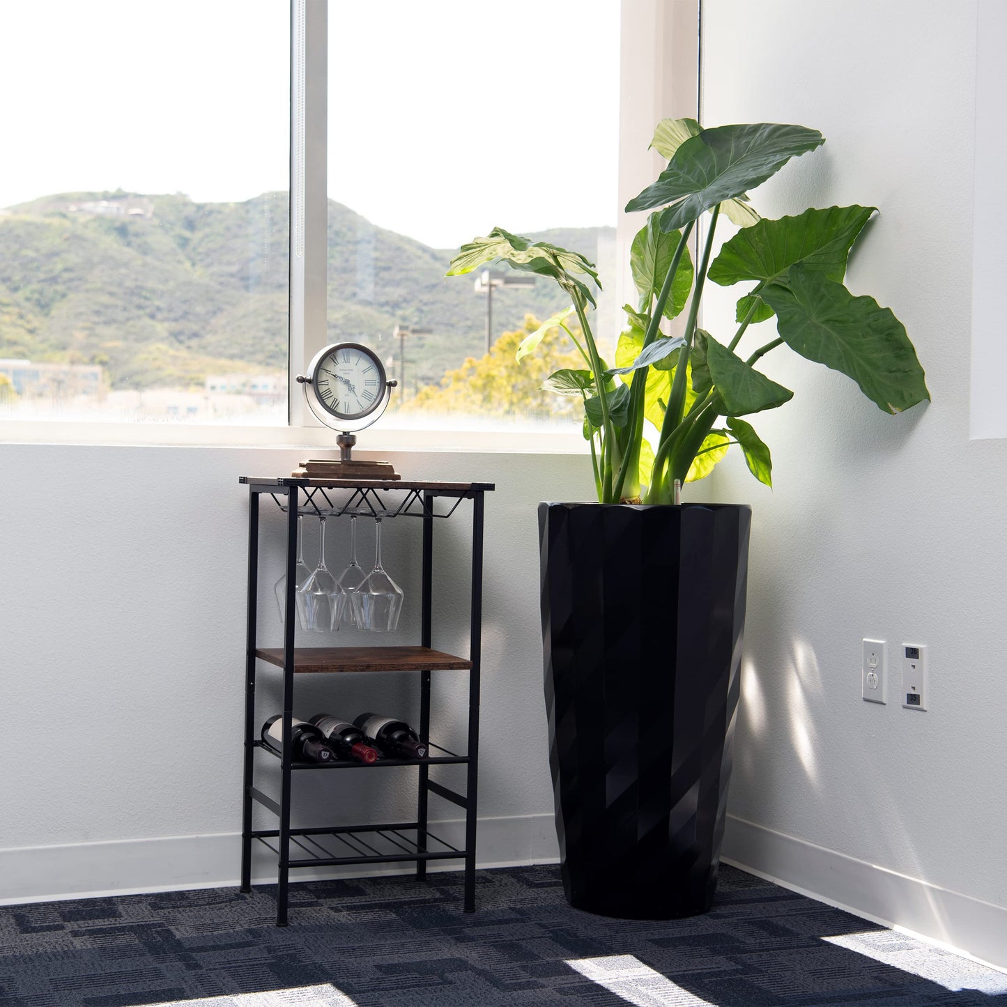 XBrand 30" H Black Plastic Self Watering Indoor Outdoor Diamond Look Round Planter Pot, Tall Decorative Gardening Pot, Home Décor Accent