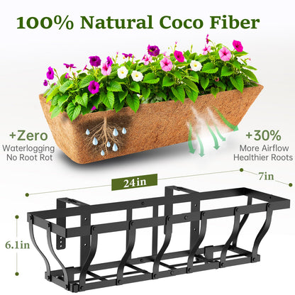VOXOR Railing Planter Boxes, Heavy Duty Window Box Planters, Adjustable Balcony Planters for Railing Hanging, with Coco Liner & Support Rod for Deck, Porch, and Patio Gardening (3 Pack, 24 Inch)
