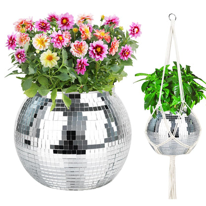 FGBNM Disco Ball Planter, 1pcs 9” Silver Disco Ball Planter, Disco Ball Plant Hanger with Hanging Rope, Hanging Chain, Hook, Circle and Extra Mirror Pieces