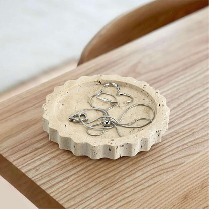 seicasaya 5.5 Inch Small Scallop Edge Tray, Hand-Carved Natural Stone Jewelry Holder, Travertine & Marble Vanity Tray for Rings, Candles, or Keys (Travertine)