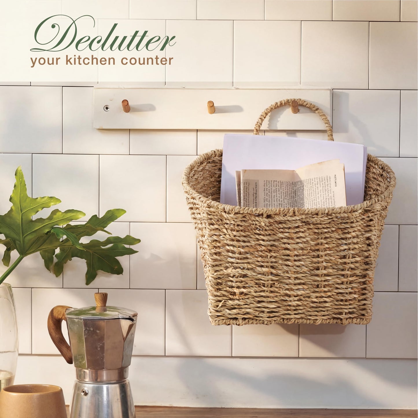 Set of 2 Wicker Hanging Basket for Organizing, Front Door, Mail, Flowers - Woven Wall Baskets for Storage (Seagrass)