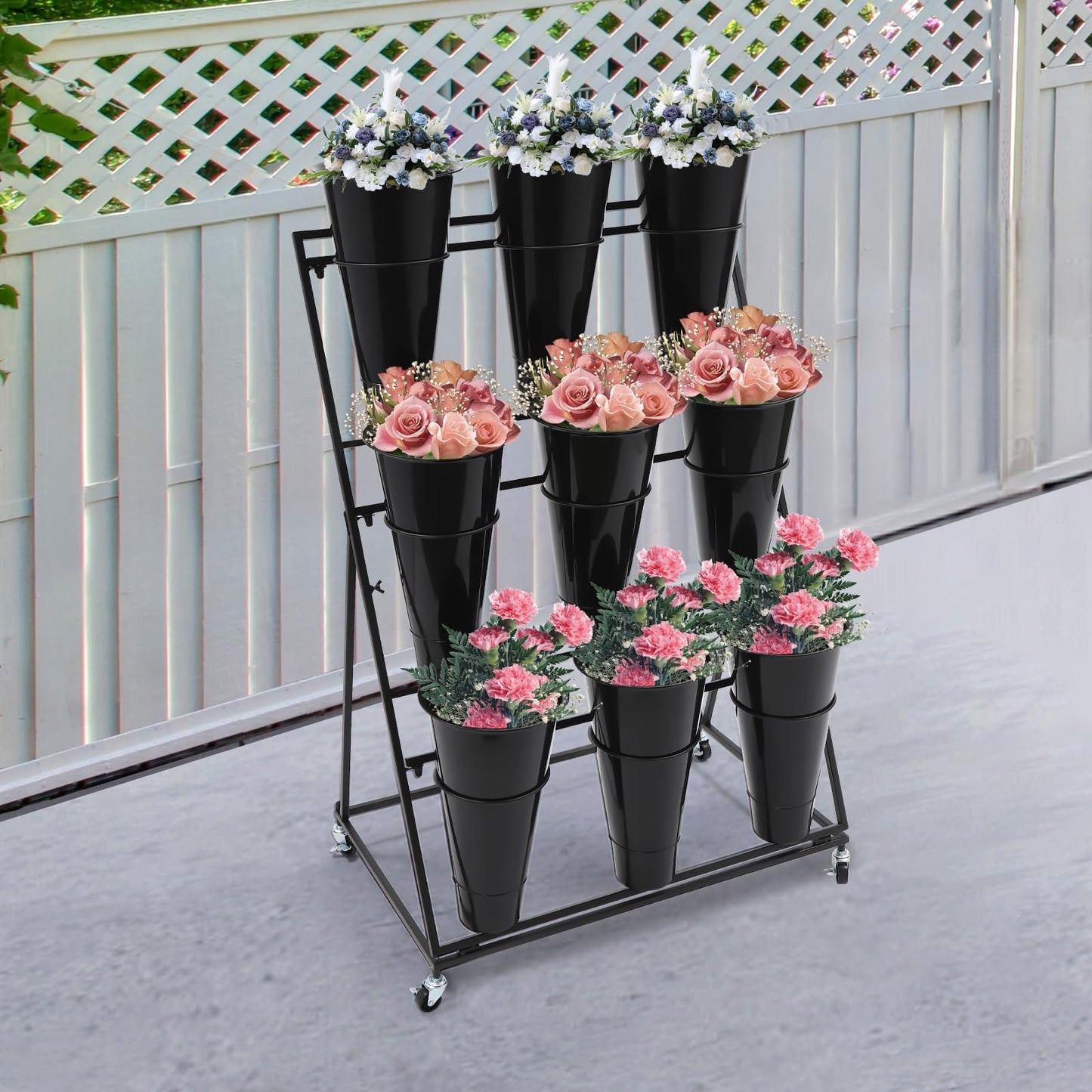 CNCEST Flower Display Stand With 9PCS Buckets,3 Layers Metal Plant Stand with Wheels,Moving Plant Cart Shelf Indoor Outdoor Flower Rack for Home Patio Balcony (Black, 3 Tier,9PCS)
