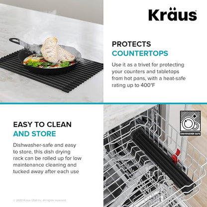 Kraus Multipurpose Over-Sink Roll-Up Dish Drying Rack, Colander and Trivet in Black, KRM-10BLACK (Pack of 4)