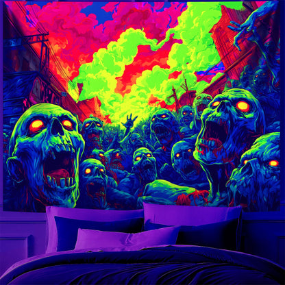 BVBOX Blacklight Halloween Tapestry Horror Moon Night Scary Cemetery Pumpkin Lantern Halloween Tapestry Wall Hanging Skull Horror Poster Banners for Bedroom Livingroom (Zombie-1, 59L x 51W, Unframed)