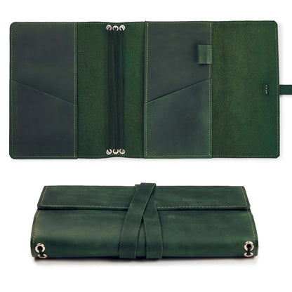 Leather Journal Cover – Refillable A5 Notebook Cover (5.8" x 8.3") with 3 Elastic Bands for Multiple Inserts, Genuine Leather Travel Diary Case with Pockets & Pen Holder Green (Inserts Not Included)