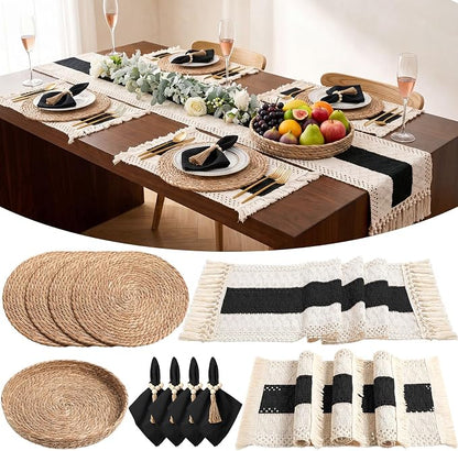 4 Sets Boho Decoration Placemats Round Woven Placemats, Cloth Napkins, Wood Bead Napkin Rings, Long Table Runner and Farmhouse Burlap Cotton for Table Kitchen (Black,12x72)