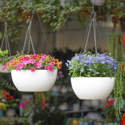 T4U Plastic Hanging Planters 2-Pack, 12 Inch Large Hanging Flower Plant Pots with Drainage Hole for Indoor Outdoor Plants, Round Hanging Basket for Home Garden Porch Balcony Patio Decor (White)
