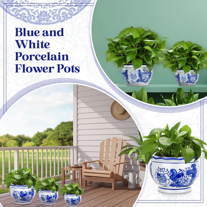 Briwooody Set of 3 Blue and White Porcelain Flower Pots 7.2'' 6'' 4'' Decorative Chinoiserie Plant Pots with Drainage Hole Saucers Ceramic Planters for Indoor Garden(Elegant Style)