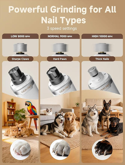 Dog Nail Grinder, Quiet Electric Dog Nail Trimmer with 2 LED Lights, 3-Speed Pet Nail Grinder for Dogs & Cats, Rechargeable 2000mAh Nail Grinder for Small Medium Large Dogs with Light, White