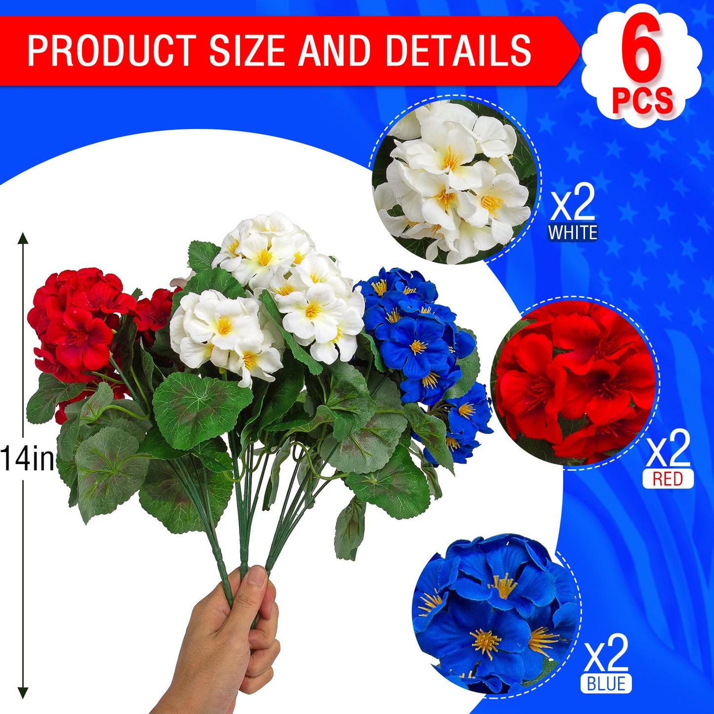 Hananona 6 Pcs Artificial Geranium Flowers for Outdoors Geranium Silk Flowers Outdoor UV Resistant Plants Faux Patriotic Flowers for 4th of July Home Kitchen Table Centerpieces Decor (6, RedWhiteBlue)