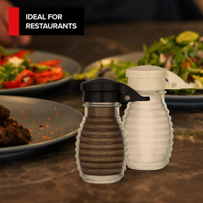 No Spill Salt & Pepper Shakers with Hinge Top, Moisture-Proof Lids- Honeycomb Glass table Salt and Pepper Shaker Set with Airtight, Self Closing Covers for Restaurants, Diners, Home & Cafes