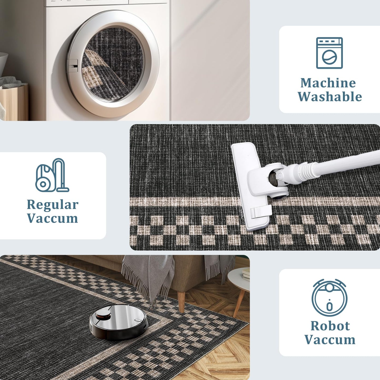 Small Bedroom Area Rug 3x5 Checkered Area Rug for Living Room Nursery Non Slip Kitchen Throw Carpet Low Pile Modern Bordered Rugs Washable Bathroom Mat Soft Brown Rugs for Laundry Entryway, Black