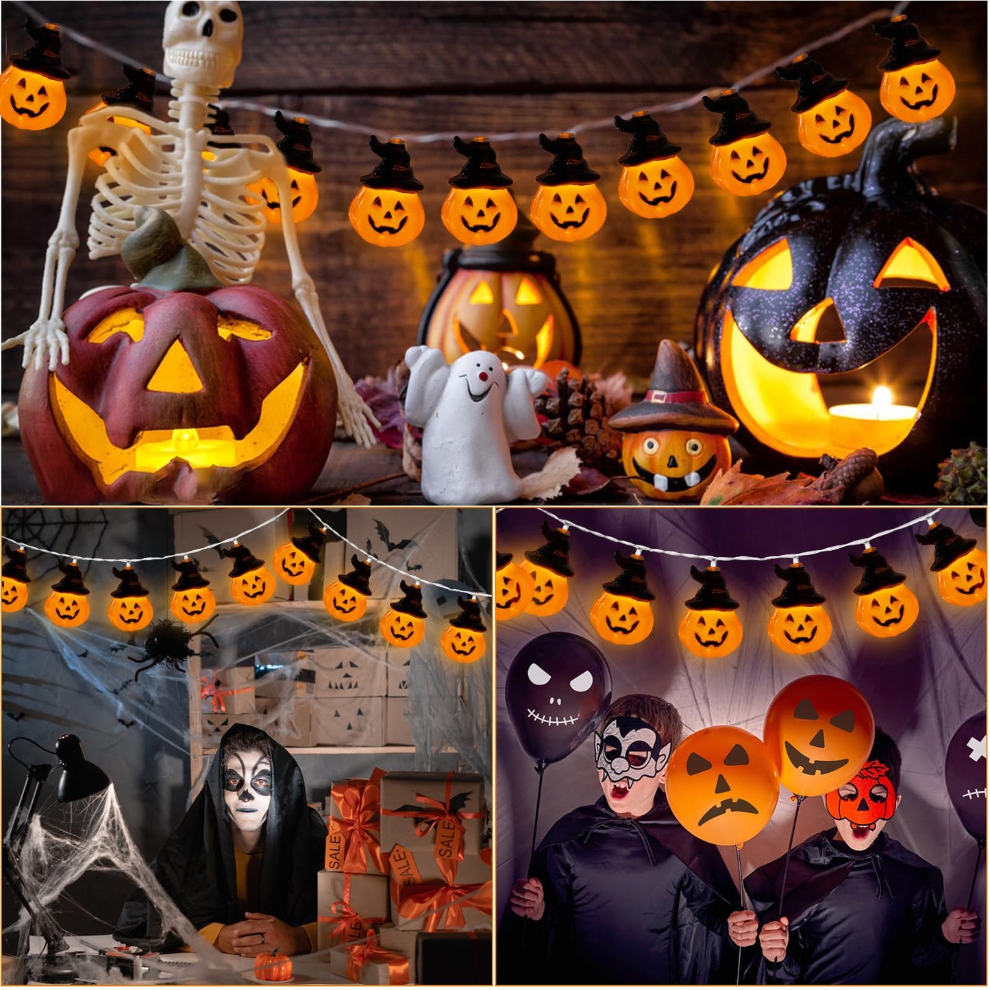 Orange Halloween Pumpkin String Lights with Witch Hat, 20FT 30 LED Pumpkin Halloween Lights String Outdoor with 8 Lighting Modes for Home Indoor Outdoor Party Decor
