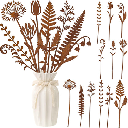 12 Pieces Rustic Metal Flowers and Plants Garden Stakes Rusty Plant Shaped Decoration Fern Leaf Decor for Flower Arrangements Potted Plants Patio Lawn Yard Walkway and Outdoor Courtyard Decoration