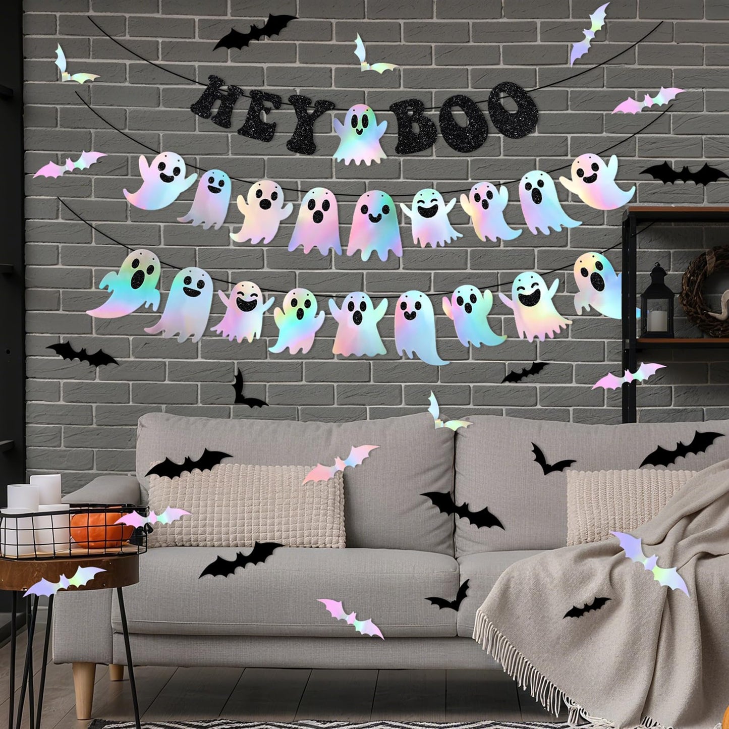 Epakh 27 Pack Iridescent Halloween Decoration Black Glitter Hey Boo Banner Holographic Ghost Garland 3D Bat Wall Sticker for Indoor Outdoor Mantel Wall Window Decor Halloween Party Decoration Supply