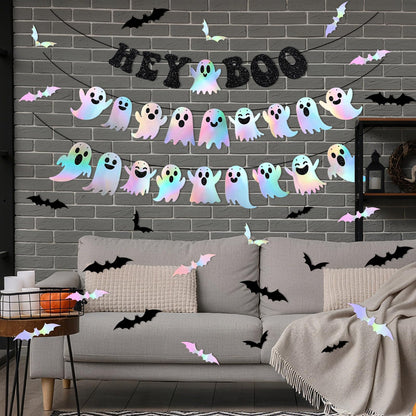 Epakh 27 Pack Iridescent Halloween Decoration Black Glitter Hey Boo Banner Holographic Ghost Garland 3D Bat Wall Sticker for Indoor Outdoor Mantel Wall Window Decor Halloween Party Decoration Supply