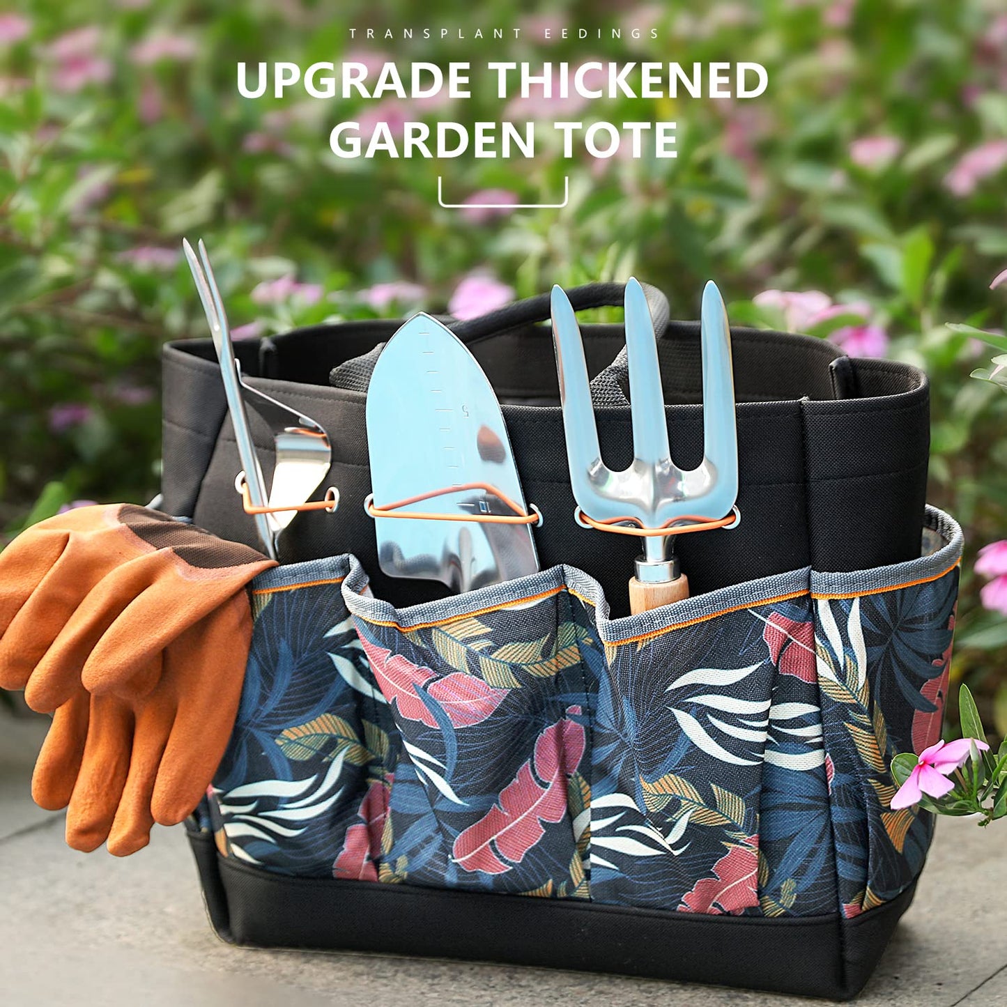 Grenebo Gardening Tools 9-Piece Heavy Duty Garden Hand Tools with Fashion and Durable Garden Tools Organizer Handbag, Rust-Proof Garden Tool Set, Ideal Gardening Gifts for Women