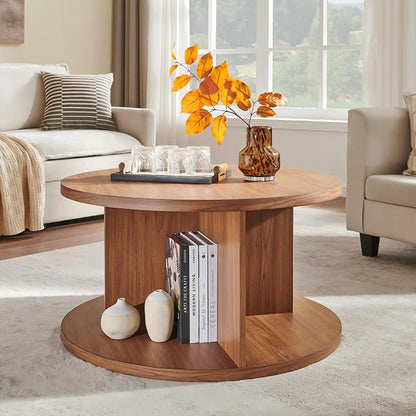 JXQTLINGMU Round Coffee Table for Living Room, 32" Modern Center Table with Cross Support Structure & Open Storage Cubby, Wood Circle Cocktail Table for Small Space, Apartment, Dark Grain