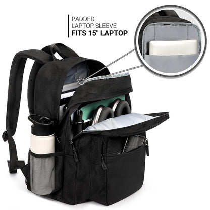 ZORFIN 26L Black Backpack for College, and Travel: Water Resistant Bookbag