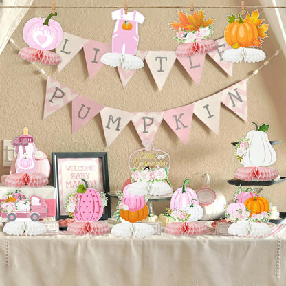 12 PCS Little Pumpkin Baby Shower Decorations 3D Honeycomb Centerpiece Fall Party Table Decor for Girls Pink Table Toppers Honeycomb Gifts for Birthday Party Supplies