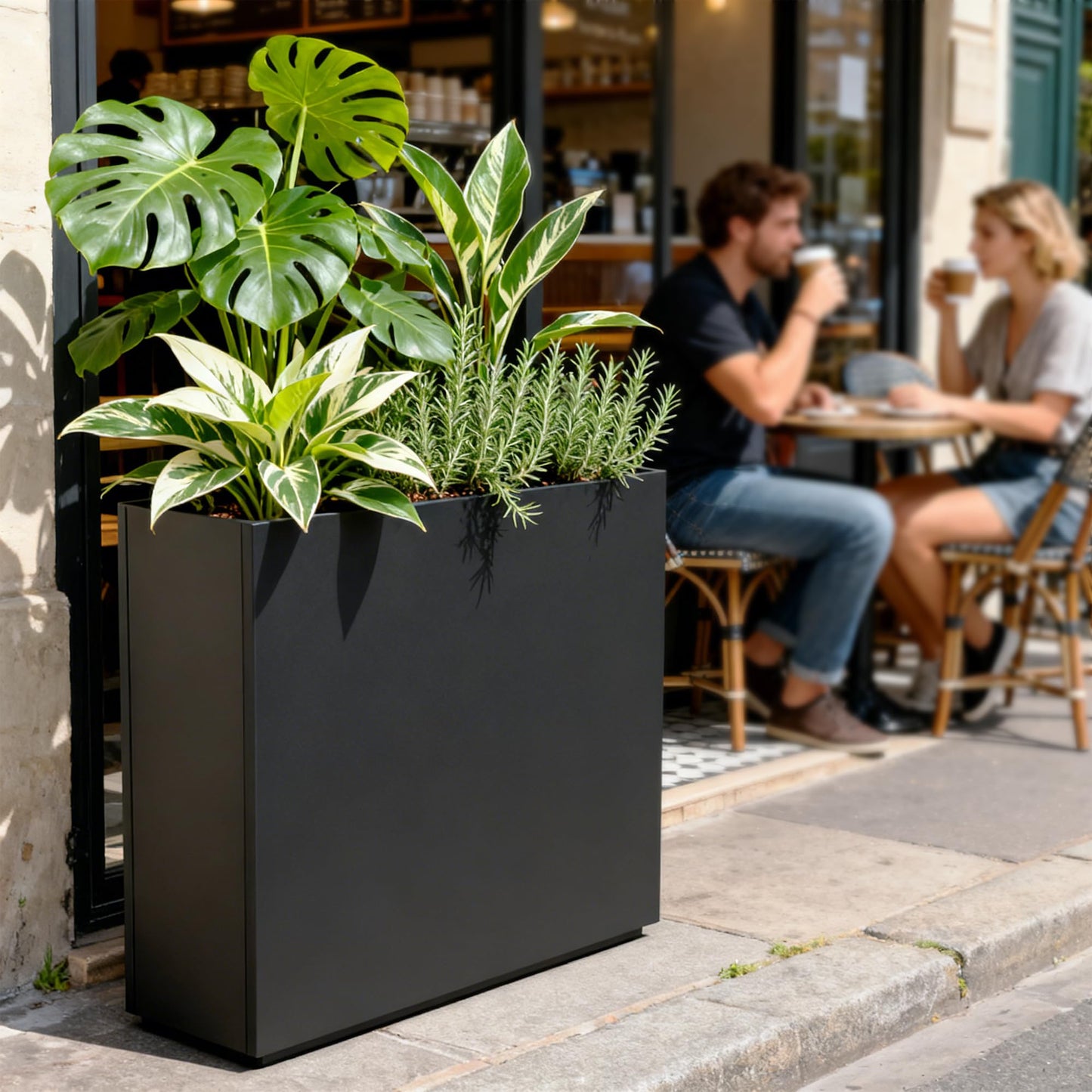 WORTH 36" Large Metal Planter Box, Outdoor Long Rectangular Tall Planter with Insert Shelf & Drainage Holes, Matte Black Standing Plants Box for Patio, Garden, Balcony, 36"Lx11"Wx32"H, Easy to Install