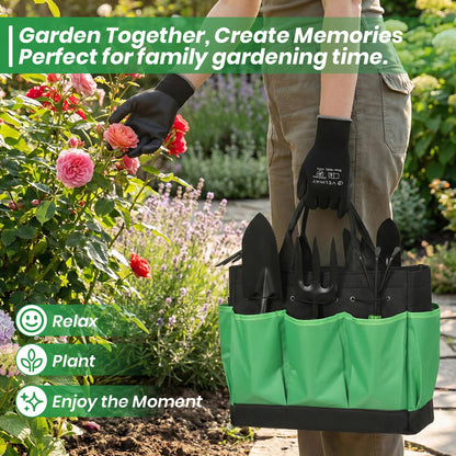 Velway Garden Tools Set -11-Piece Heavy Duty Hand Tool Kit with Ergonomic Handles, Rust-Proof, Carry Tote Bag – Gardening Gifts for Women & Men (Green)