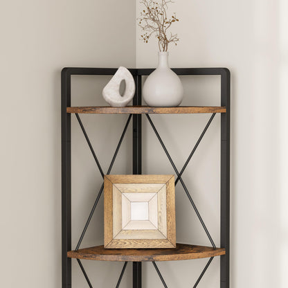 Cerlyunzan 5 Tier Corner Shelf Stand, 64" H Tall Industrial Corner Bookshelf for Living Room Decor, Metal Corner Shelf, Plant Stand Display Shelf for Bedroom, Bathroom, Small Space, Rustic Brown