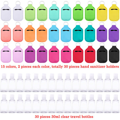 Duufin 60 Pieces Hand Sanitizer Keychain Holders Empty Travel Bottles Set Including 30 Pieces Reusable Clear Bottles and 30 Pieces Hand Sanitizer Holder for Backpack and Purse