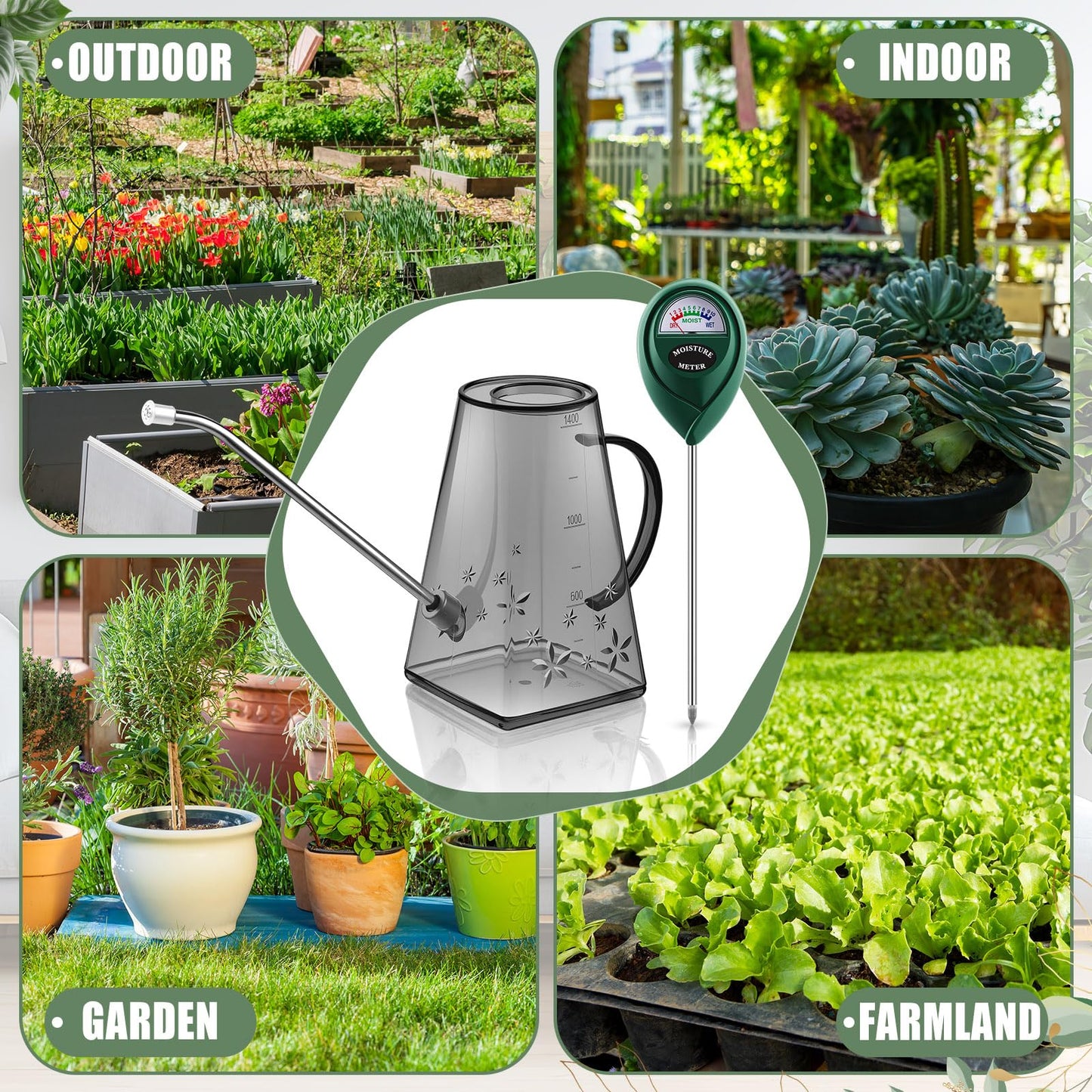 Ferrochef Indoor Plants Watering Can for Indoor Plants Long Probe Soil Moisture Meter Long Spout Watering Cans Water Monitor Indicator for Pot Flower House Gardening Farming(Gray,1.4 L,Trapezoid)