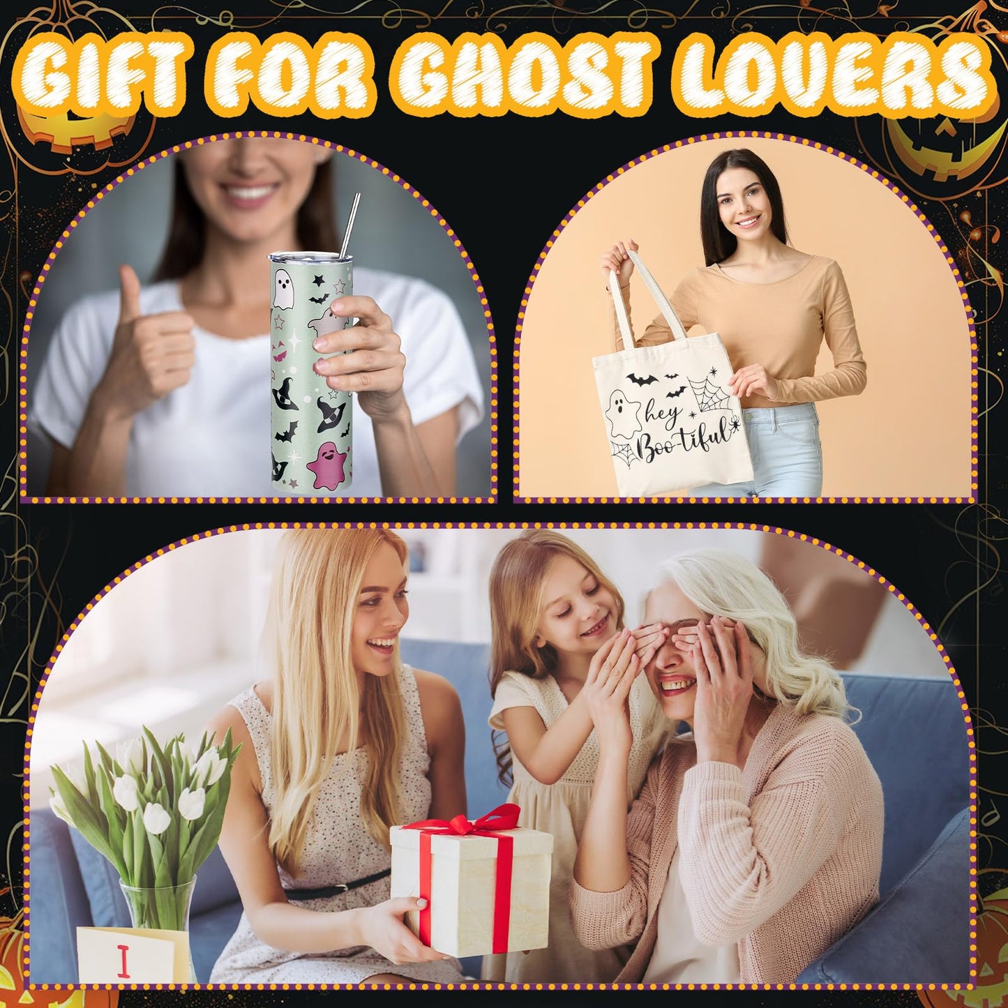 Abbylike 2 Pcs Halloween Gifts for Women Include 20 oz Stainless Steel Tumbler with Lid and Straw Boo Travel Mug Ghost Canvas Tote Reusable Bag for Birthday Gift Halloween Boo Party Favor